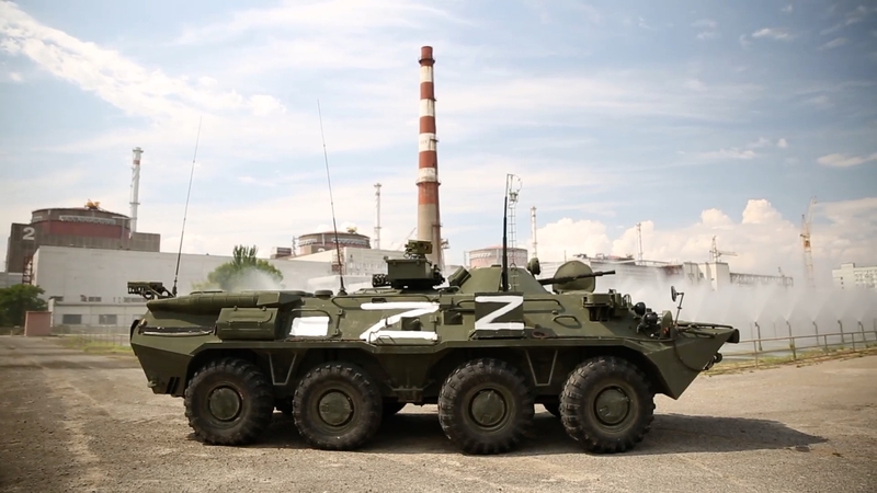 Russian National Guard patrol outside the Russian-controlled Zaporizhzhia nuclear plant