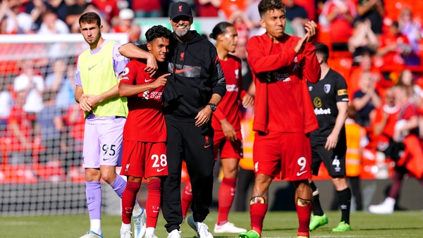 Liverpool manager Jurgen Klopp hugs Fabio Carvalho at the final whistle