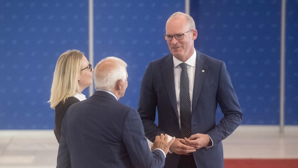 Czech Defence Minister Jana Cernochova an EU foreign policy chief Josep Borrell (C) welcome Simon Coveney in Prague