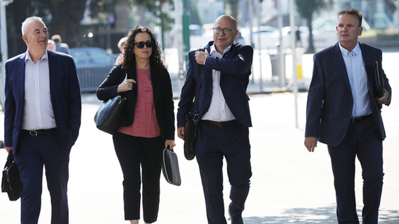 INMO General Secretary Phil Ní Sheaghdha with Fórsa general secretary Kevin Callinan (2ndR) and INTO General Secretary John Boyle (L) with John King arriving at the talks yesterday (Pic: RollingNews.ie)