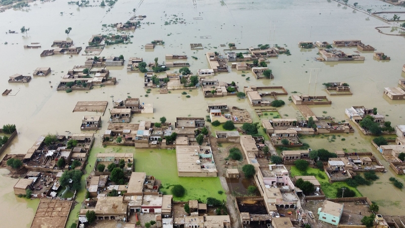 A flooded residential area in Dera Allah Yar town after heavy monsoon rains in Jaffarabad district, Balochistan province, Pakistan in August