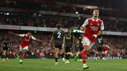 Gabriel Martinelli celebrates after forcing home the winner against Aston Villa