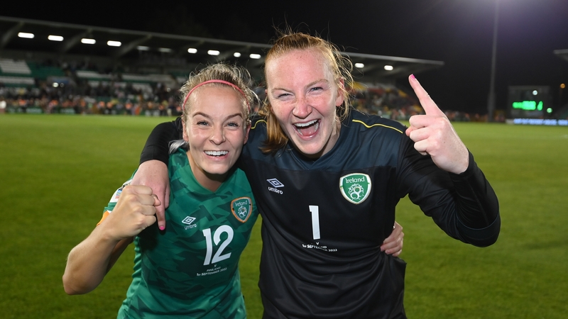 Lily Agg (l) and Courtney Brosnan celebrate after Ireland's 1-0 win