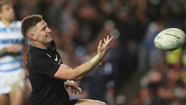 Jordie Barrett celebrates after scoring the fourth of New Zealand's seven tries