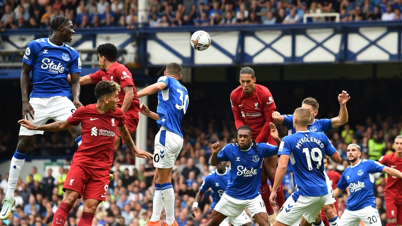 Virgil van Dijk of Liverpool rises for a header at Goodison Park