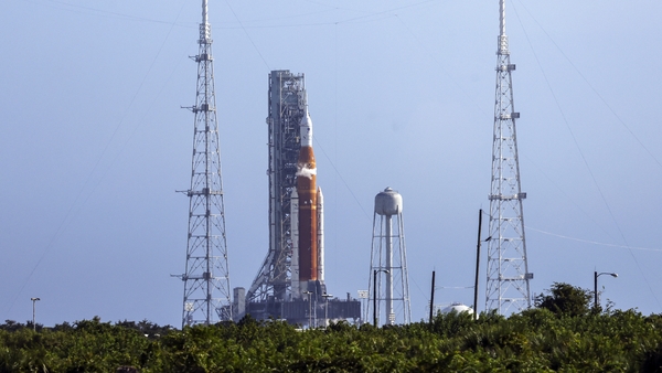 NASA's Artemis I rocket sitting on launch pad 39-B at Kennedy Space Center yesterday