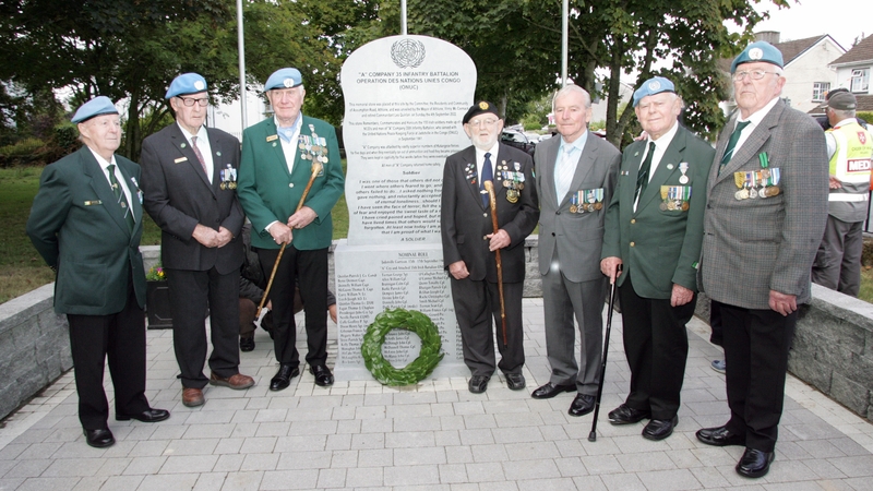 Surviving members of the Siege of Jadotville: Paddy Hogan, Joseph O'Kane, Tommy Gunn, Billy Keane, Joe Bracken, Geoffrey Cuffe and James Feery DSM at the unveiling of the Siege Of Jadotville Memorial in Assumption Road, Athlone (Pic: Paul Molloy)