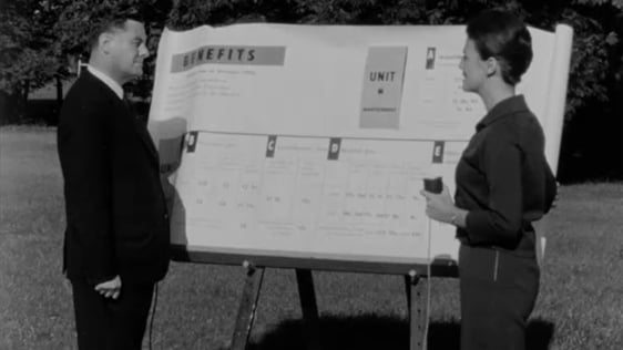 General Manager of the VHI Noel J Burke and reporter Anne Binchy, 1962.