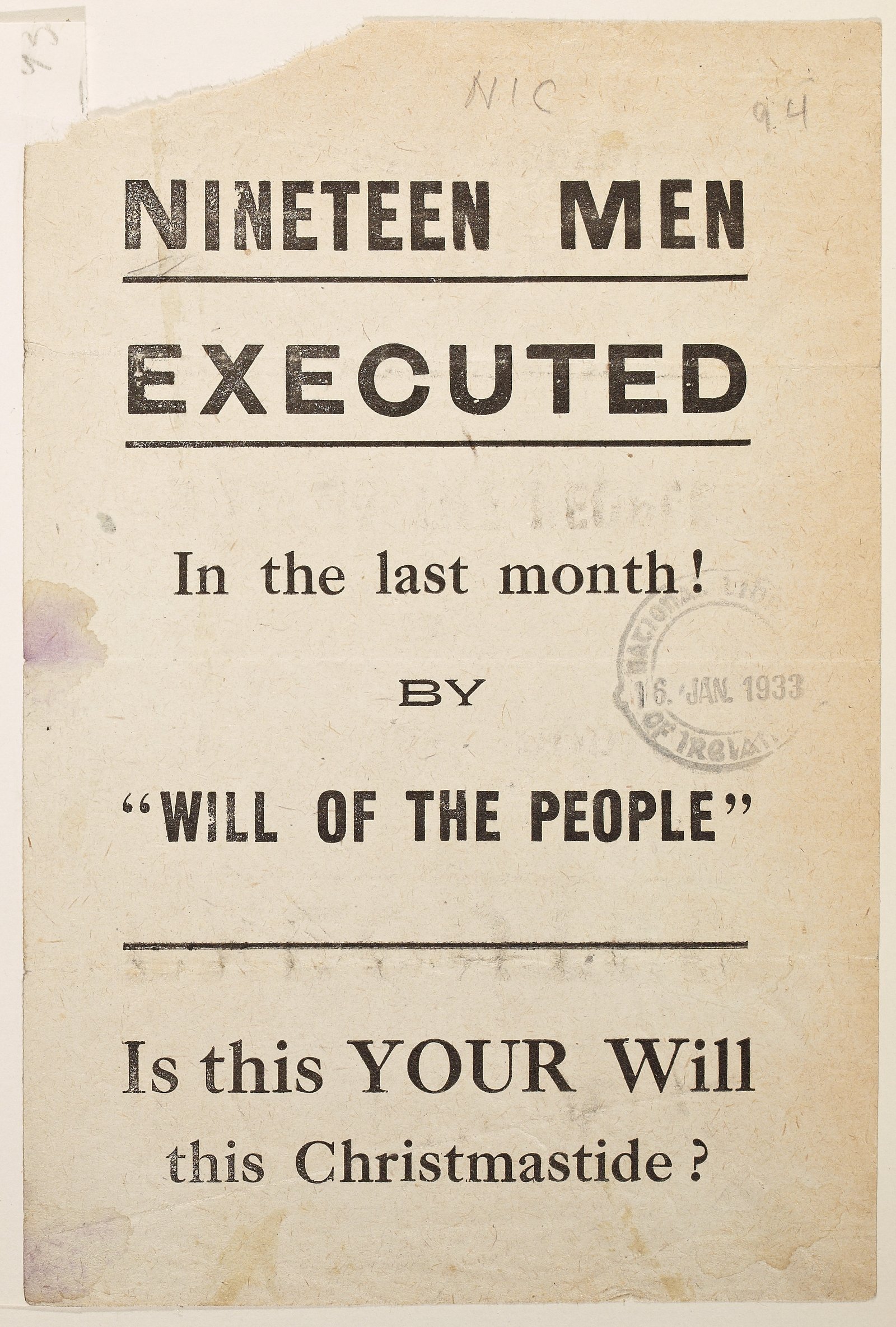 Anti-Treaty leaflet referring to executions 'by will of the people', asking the reader, 'Is this your will this Christmastide?' Image courtesy of the National Library of Ireland