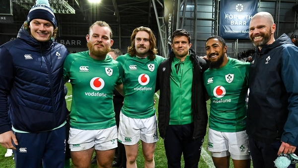 Pete Wilkins (right) with Cian Prendergast, Finlay Bealham, Mack Hansen, Dave Heffernan and Bundee Aki after Ireland's second-Test win in Dunedin
