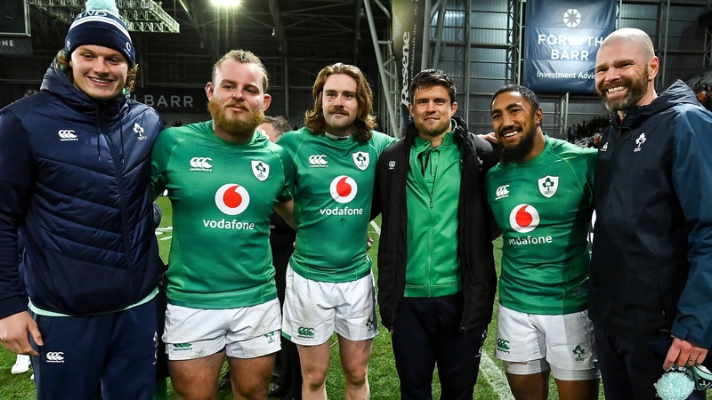 Pete Wilkins (right) with Cian Prendergast, Finlay Bealham, Mack Hansen, Dave Heffernan and Bundee Aki after Ireland's second-Test win in Dunedin