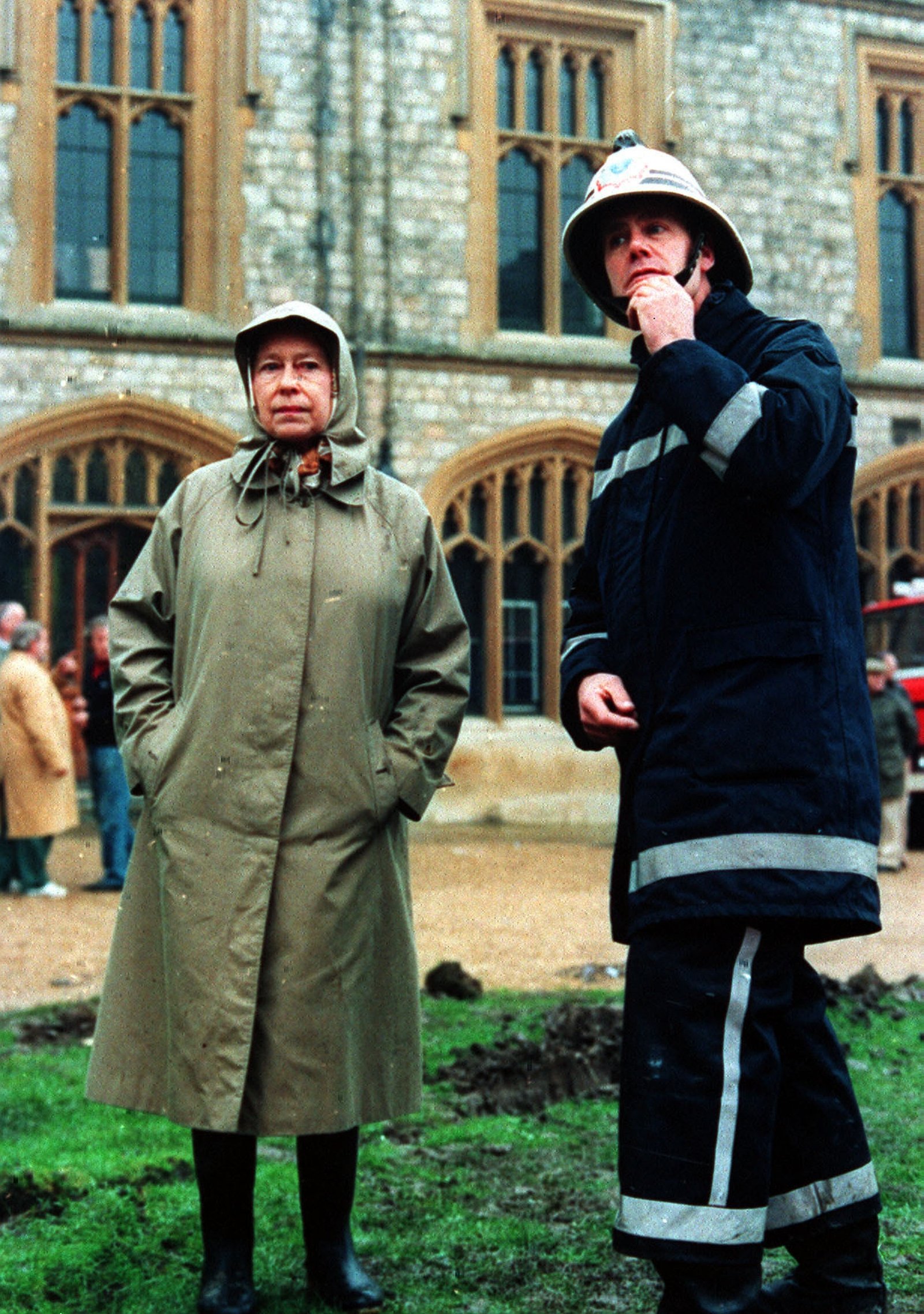 The queen inspects the damage after a fire at Windsor Castle in 1992 – a year she referred to as her 'annus horribilis'. That year, as well as the fire, the marriages of three of her children - Charles, Anne and Andrew - broke up