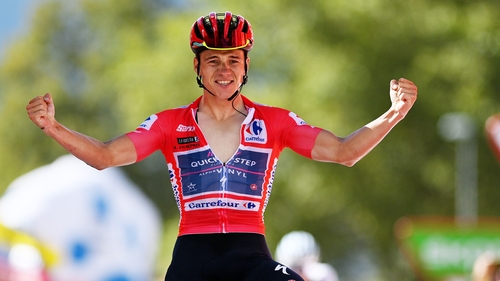 Remco Evenepoel celebrates his stage win