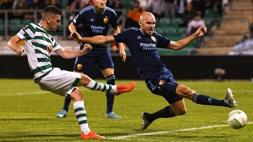 Dylan Watts has a look at goal from close range in the second half