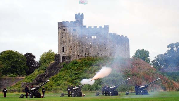 Members of the 104 Regiment Royal Artillery during the Gun Salute at Cardiff Castle to mark the death of Queen Elizabeth II