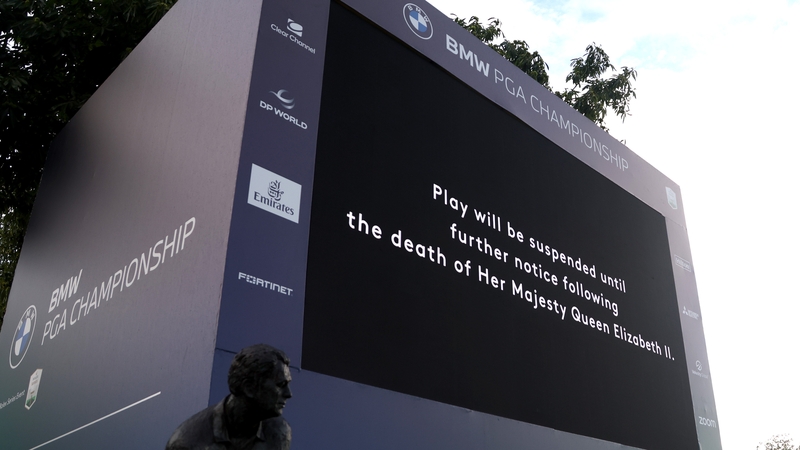 A screen on the 1st tee displays the announcement yesterday of the suspension of play at Wentworth