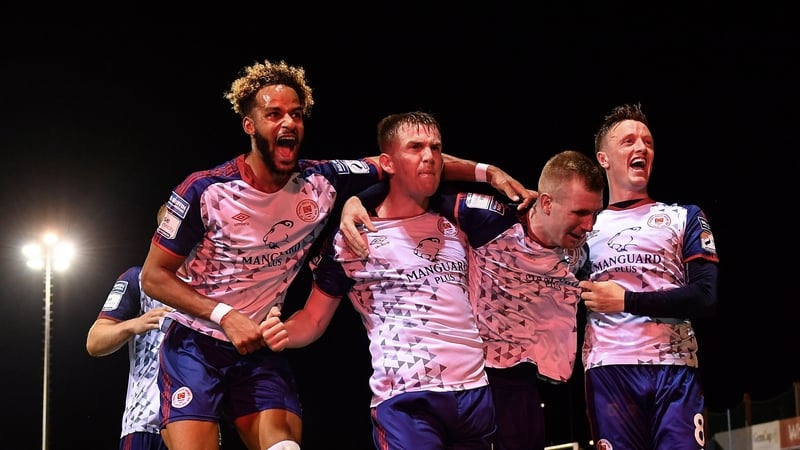 Mark Doyle (3rd left) celebrates his goal with Barry Cotter, Harry Brockbank and Chris Forrester
