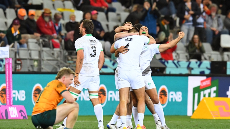 The Irish players celebrate against Australia