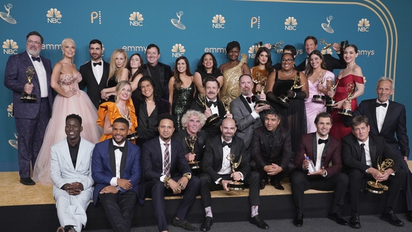 The cast and crew of Ted Lasso celebrating their big win