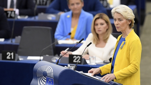 Ursula von der Leyen addressing MEPs in Strasbourg with Ukrainian first lady Olena Zelenska as guest of honour