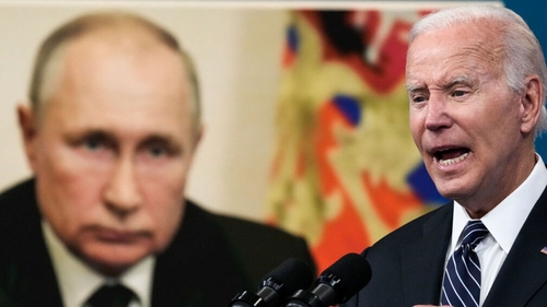 An image of Russian President Vladimir Putin is displayed as US President Joe Biden speaks (file pic)