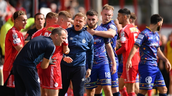 Shelbourne manager Damien Duff reacts after a challenge on Shane Farrell during the FAI Cup quarter-final win over Bohemians