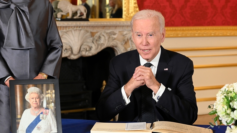 US President Joe Biden signed a book of condolence at Lancaster House in London
