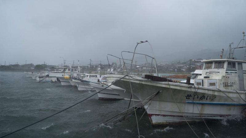 Moored boats amid strong rain as Typhoon Nanmadol approaches Izumi, Kagoshima prefecture
