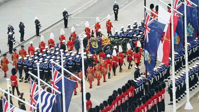 Scenes of solemn pageantry as the procession makes its way to the service this morning (Stefan Rousseau/PA)