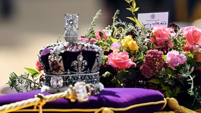 Atop the coffin during the funeral: the imperial crown, orb and sceptre, and a note from King Charles III (Marc Aspland/WPA/Getty)