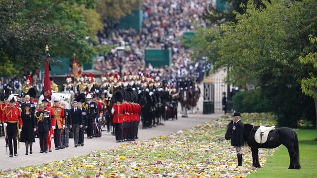 Emma, the queen's pony, stands as the ceremonial procession of the coffin arrives at Windsor Castle for the committal service at St George's Chapel this afternoon (Andrew Matthews/PA)