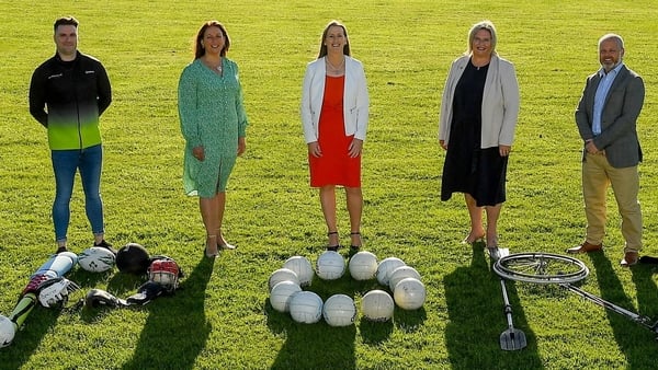 Mary O'Connor (C) CEO of the Federation of Irish Sport, with (L-R) Ciaran Gallagher (CEO Gymnastics Ireland), Sinead McNulty (CEO Camogie Association), Michelle Carpenter (CEO Rowing Ireland) and Graham Russell (Head of Sports Unit Louth County Council)