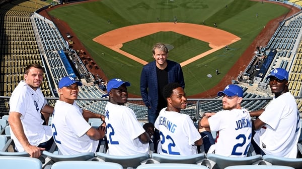 Todd Boehly at Dodgers Stadium in LA with some of his Chelsea players