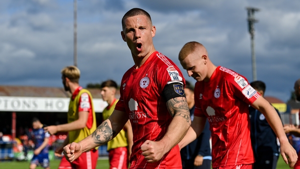 Shelbourne captain Luke Byrne celebrates after the victory over Bohs