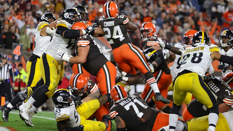 Cleveland Browns running back Nick Chubb crashes over the line for a one-yard touchdown