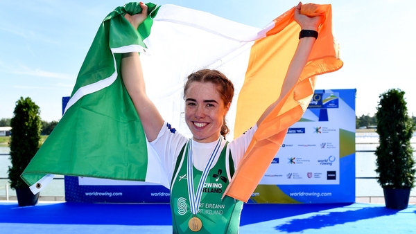 Katie O'Brien celebrates on the banks of the Elbe