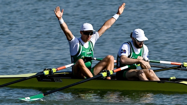 Fintan McCarthy, left, and Paul O'Donovan celebrate at the end of the race