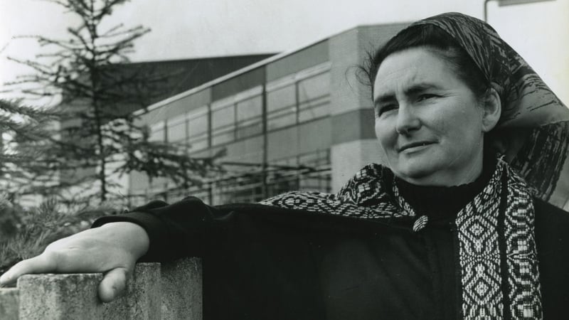 Mary O'Malley standing in front of the newly constructed Lyric Theatre building on Ridgeway Street, October 1968 (Pic from the Lyric archive at University of Galway)