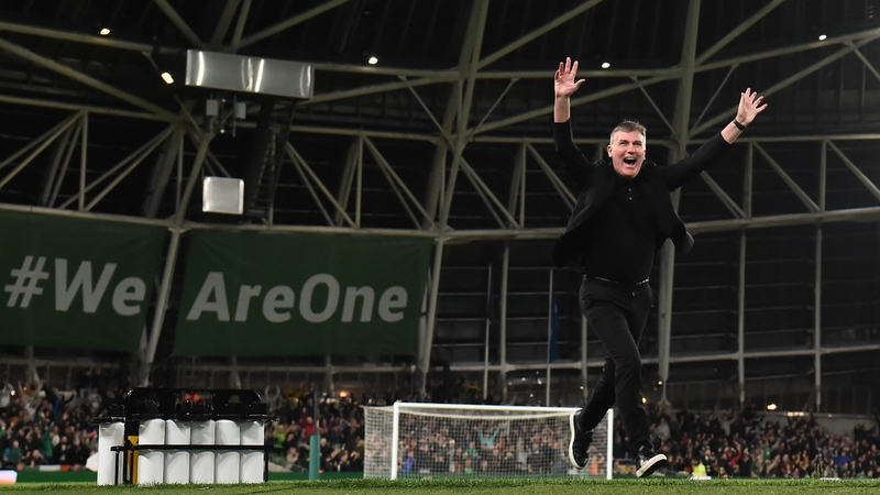 Stephen Kenny celebrating the Michael Obafemi strike at Lansdowne Road