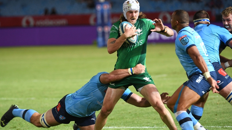 Connacht's Mack Hansen is corralled by the Bulls
