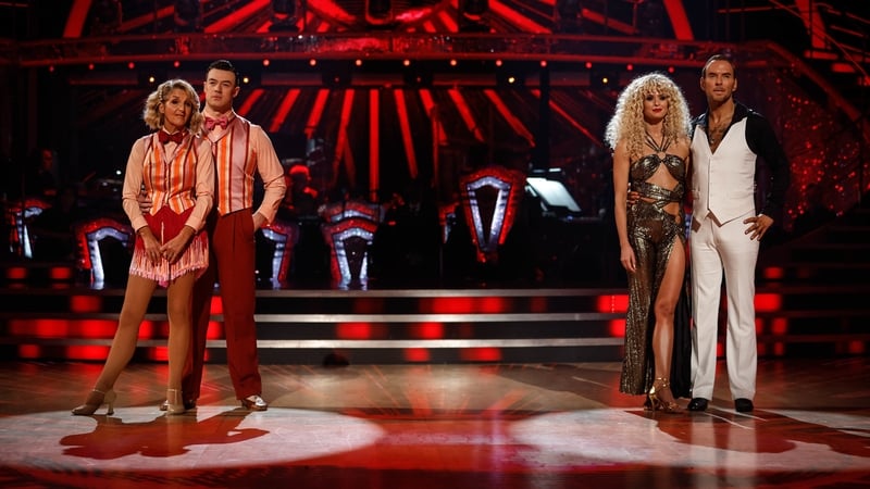 (L-R) Couples Kaye Adams and Kai Widdrington and Nadiya Bychkova and Matt Goss await the dance-off result