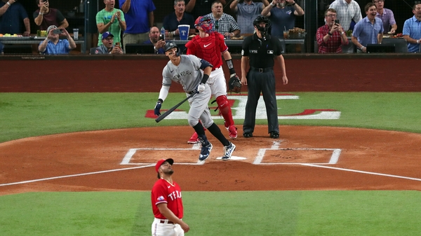 Aaron Judge watches his record-breaking home run for the New York Yankees