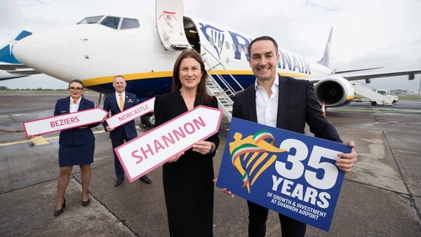 Shannon Group CEO Mary Considine and Ryanair's Director of Commercial, Jason McGuinness, with Ryanair's Adrian Kozickil and Arianna Niccoli at Shannon Airport
