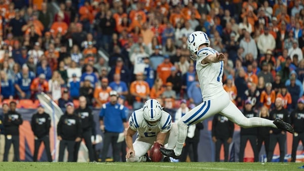 Chase McLaughlin kicks one of his four field goals against the Denver Broncos