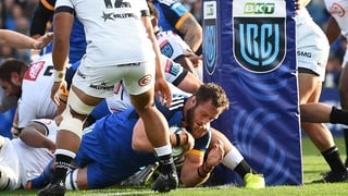 Jason Jenkins crashes over for Leinster's early try against the Sharks