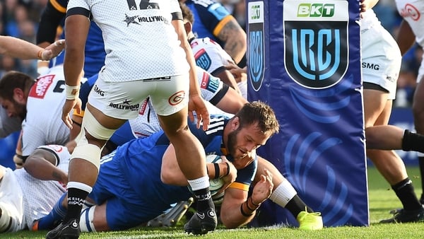 Jason Jenkins crashes over for Leinster's early try against the Sharks