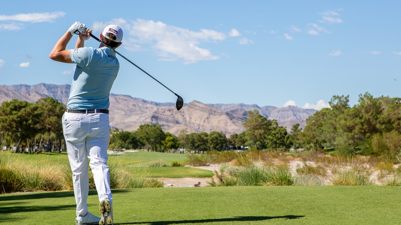 Patrick Cantlay tees off on the ninth hole at TPC Summerlin in Las Vegas