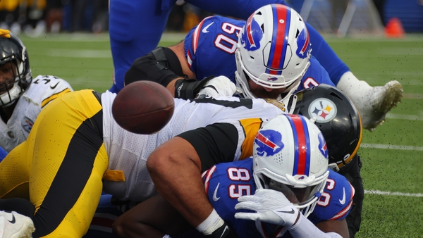 Quintin Morris of the Buffalo Bills fumbles the ball against the Pittsburgh Steelers