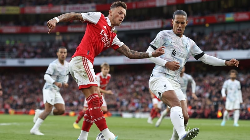 The Dutchman in action against Ben White at the Emirates