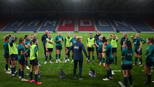 Vera Pauw and her squad inside Hampden Park